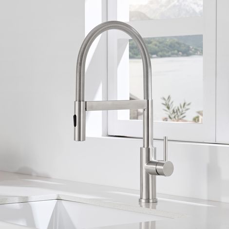 Grifo de cocina CECIPA MAX con fijación magnética, giratorio 360°, grifo flexible con muelle en espiral, 2 tipos de chorro, acabado cepillado (1/5)