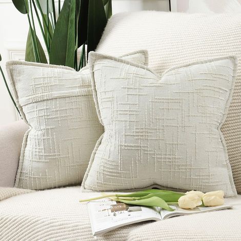 Set of 2 Chenille Accent Cushion Covers with Decorative Trim, Soft for Sofa, Bedroom & Living Room, Modern Home Decor, Cream White, 45x45 cm (1/5)