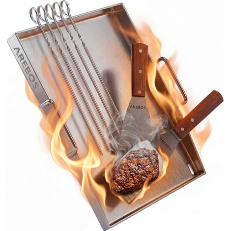 AREBOS Grillplatte 40x30 cm – Edelstahl, Antihaft, spülmaschinengeeignet, inkl. Spachtel & Schaschlikspieße (1/5)