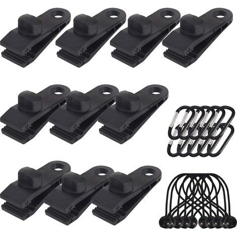 JSSEVN - Pack of 10 Tarp Clips, Outdoor Tarp Support with Canvas Fastener and Elastic Cord + D-Shaped Carabiner for Tarps, Awnings, Camping, Caravans, Car Covers (1/5)