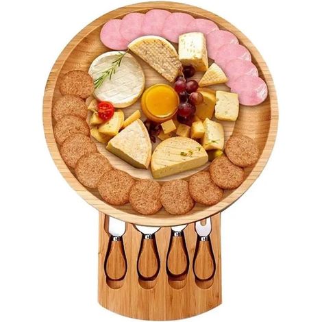 Planche à Fromage Ronde en Bambou avec Trancheuse Couteau – Plateau de Présentation avec Couteau à Fromage Intégré pour Apéritif et Réception (1/5)