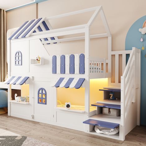 Letto a castello 90x200 cm in legno bianco+blu, stile casetta con LED, scala contenitore e mensole