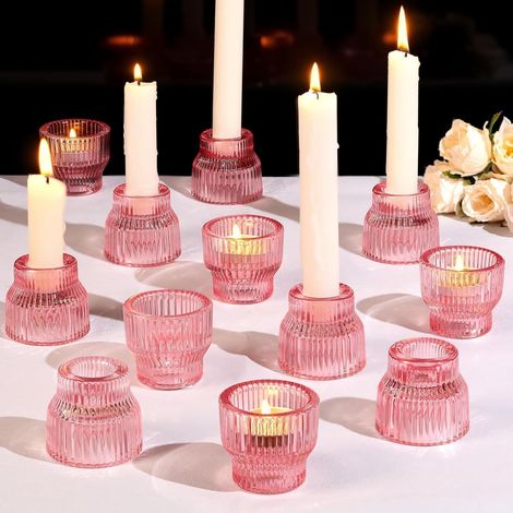 Lot de 12 Bougeoir Photophores en Verre Rose, Convient aux Bougies Piliers, Coniques et Chauffe Plats, 2 en 1 Chandelier, Parfait pour Noël, Mariage, la Décoration de la Maison (1/5)