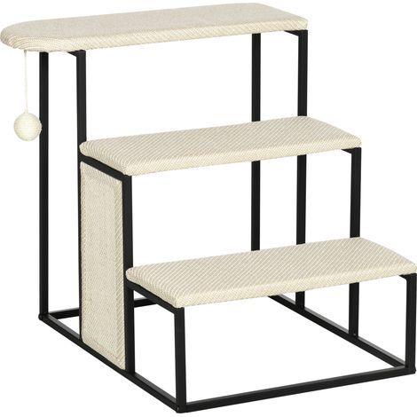 Escalier pour chat avec griffoir intégré, 3 marches, balle de jeu suspendue, structure robuste en acier et revêtement en sisal, coloris blanc crème et noir, dimensions 51 x 54 x 53 cm (1/5)