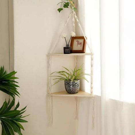 Macrame Corner Wall Shelf - 2-Tier White Floating Corner Shelves, Bohemian Style, Rustic Wooden Plant Storage Shelf (1/5)