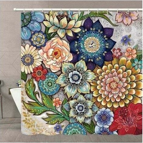 Rideau de Douche - Fleurs Multicolores - Art Naturel - 180 x 200 cm - Lavable - Anti Moisissure - Imperméable - avec 12 Anneaux - Rouge Jaune Bleu Vert (1/3)