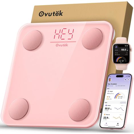 Balance Pese Personne avec APP, 180 kg/400 lb, Rose Clair Mesure 14 Données Corporelles Balance Connectée avec Batterie, Précision, IMC, Graisse Corporelle, Masse Osseuse (1/5)