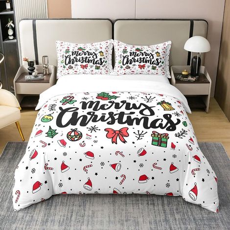 Joyeux Noël Housse De Couette 140x200cm 100% Coton Literie Set Enfants Adolescents Flocons De Neige Parure Lit Cadeau Ensemble Chambre Blanche - 140 x 200 cm + 1 taie d'oreiller 65 x 65 cm (1/5)