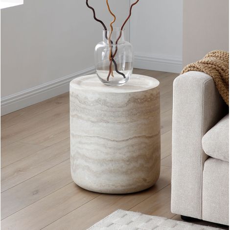 Tavolino laterale in fibra di vetro beige, rotondo salvaspazio Ø 40 x 45 cm (1/5)