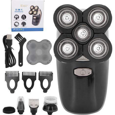 Kit de rasage 5-en-1 étanche : tondeuse électrique multifonction pour tête chauve, coupe-poils nez et barbe (1/5)