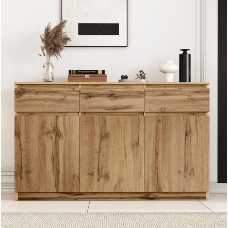 Credenza multifunzione 135 x 40 x 81 cm, 3 ante e 3 cassetti, effetto legno, HAVRYA (1/5)