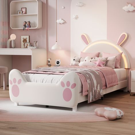 FOERPL-Lit Enfant 90x200 cm avec Tête de Lit en Forme de Lapin Lit 1 Place Rembourré avec LED Réglable, Lit 90x200 avec Sommier et Lampe Oreilles de Lapin Lit Princesse Enfant 90x200cm