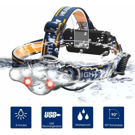 LED Headlamp, 8 Modes, USB Rechargeable Headlamp, 12000 Lumins, IPX4 Waterproof, Headlamp Torch for Fishing, Camping, Reading, Hiking, Cycling, with USB Cable (1/5)