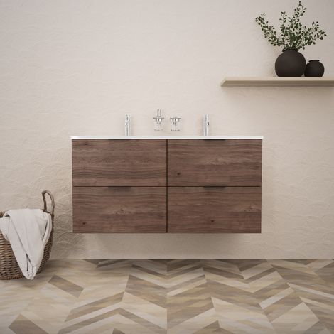 Inda - Badezimmerschrank B.120 mit Doppelwaschbecken Hochglanz/braune Eiche 4 Schubladen - Topazio