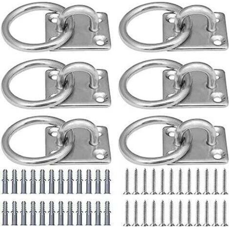 Plaques oculaires en acier inoxydable – Lot de 6 œillets carrés avec anneaux argentés, crochets plafond, 24 vis + chevilles, pour cordes yoga (1/5)