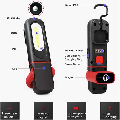 Lampe de Travail LED Rechargeable, Lampe d'inspection 2 en 1 avec Rotation à 360 degrés et 5W COB LED Torche Lampe avec Base Magnétique et Crochet pour Maison Atelier Camping Bricolage éclairage (1/4)