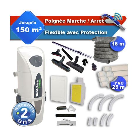 Aspirateur central ALDES C.Axpir® Dynamic garantie 2 ans + flexible rétractable 15 m avec housse de protection + poignée marche/arrêt + 7 accessoires + kit 1 prise RETRAFLEX + kit prise balai (rayon d (1/5)