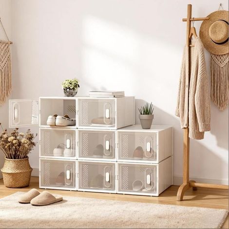 MEUBLIV Lote de 8 cajas para zapatos apilables transparentes y blancas con puerta frontal (1/5)