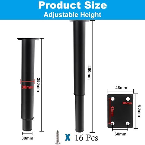 Adjustable Furniture Legs, Black Metal Table Legs, 250 mm, Height Round Iron Bed Legs, Adjustable Height 0-200 mm with Screws for Sofa, Bed, and Cabinets (1/2)
