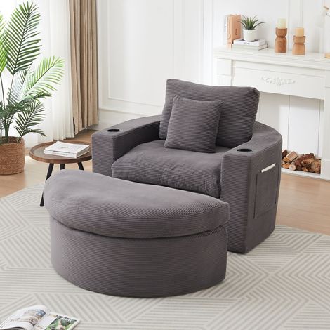 Fauteuil rond sans cadre 156 x 136 x 88 cm avec repose-pieds, rangement et porte-gobelet, velours côtelé, mousse et ressorts, Gris (1/5)