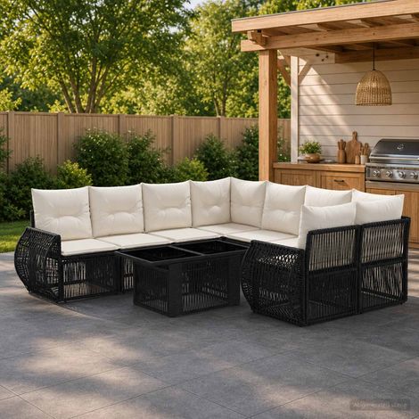 vidaXL Set Divano da Giardino 9 pz Nero e Bianco Crema polyrattan (1/5)