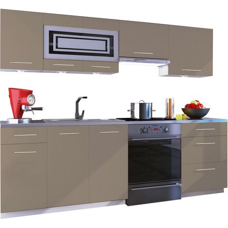 Dusine – Cuisine complète GIOVANNA 7 éléments – Taupe mat 2m40 – Caissons en mélaminé 18 mm – Poignées métalliques lourdes (1/2)