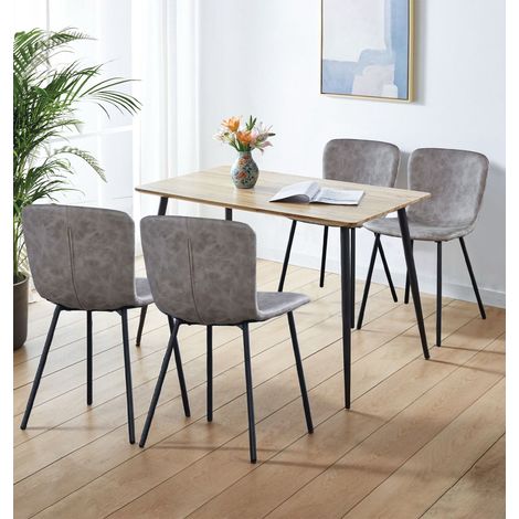 Hallowood Furniture Cullompton Rectangular Dining Table and Chairs Set 4, Brown Oak Effect Top Small Kitchen Table and Chairs in Upholstered Taupe Faux Leather with Metal Legs for Home, Office & Café