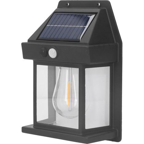 Solarbetriebene Außenwandleuchte, Glühlampe, mit Präsenzsensor, IP65 wasserdicht, schwarz. (1/5)