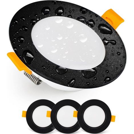 Spot LED Encastrable Downlight LED spots de plafond IP54 Pour Salle de Bain, locaux humides, Blanc chaud 3000K Lot de 3 Spot LED Extra Plat Ronds 7 Watt (7W) / 700 Lumens, Noir