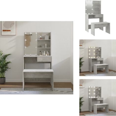 Schminktisch-Set mit LED Betongrau Holzwerkstoff - Schminktisch - Kosmetiktisch - Schreibtisch - Makeup Tisch - LED Beleuchtung (1/5)