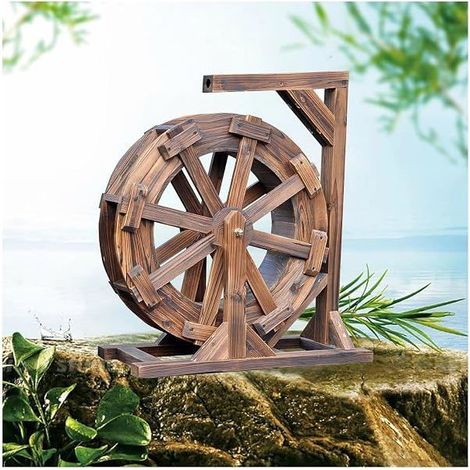 Fontaine cascade rustique en bois avec roue à eau et support - Décoration de jardin - Modèle 30 (1/4)