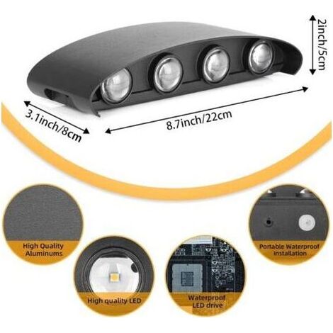 2pcs Moderne Imperméable Lampe Murale LED Applique Murale Up Down Aluminium Lèche-murs LED Intérieur Extérieur pour Salle de Bains Chambre à Coucher Couloir Salon Porche Escalier, 8W Blanc Chaud [Clas (1/5)