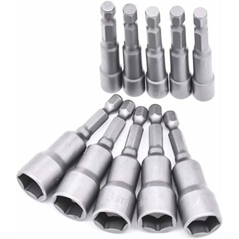 10 pièces douilles de tournevis 6-19 mm-adaptateur d'embout, hexagonal pour perceuse à main, tournevis électrique, clé à douille (acier au chrome vanadium) (1/5)