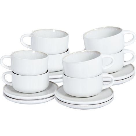 Conjunto de 8 tazas con platillos para té café de gres caolín artesanal acabado esmalte reactivo blanco crema Sesame (1/5)