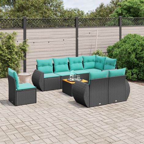 9-teiliges Gartensofa-Set mit Kissen, schwarzes Polyrattan (1/5)