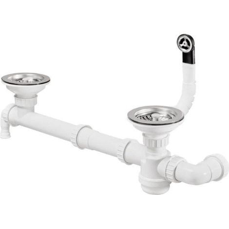 Moderna – Vidage complet évier 2 cuves avec trop plein rond – Siphon à bol réduit – Prise machine à laver et lave-vaisselle – Tube de trop plein réglable