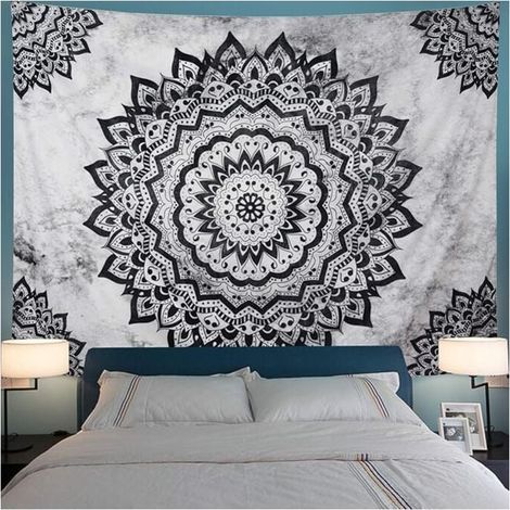 Wandteppich mit Mandala-Muster in Schwarz-Weiß, floraler Wandbehang im Bohème-Stil, psychedelischer Hippie-Wandteppich fürs Schlafzimmer (130 x 150 cm) (1/4)