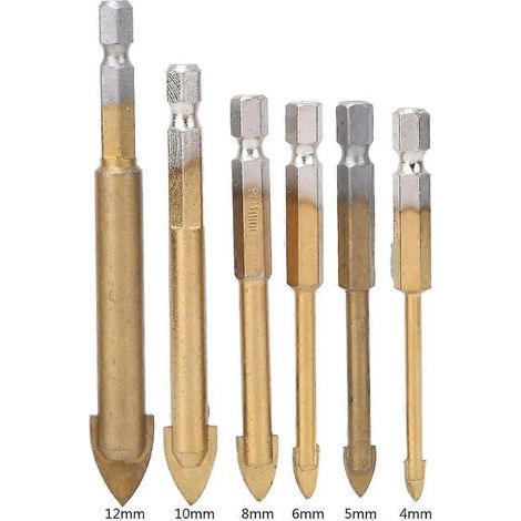 6-teiliges Set mit sechseckigem Schaft, Titan-Dreieckbohrer für Glas und Keramik, 4 mm / 5 mm / 6 mm / 8 mm / 10 mm / 12 mm