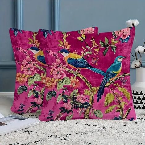 Housse de coussin décorative – 45 x 45 cm – Fleurs et oiseaux fuchsia – Housse de coussin en velours – Motif botanique – Décoration chic pour la maison