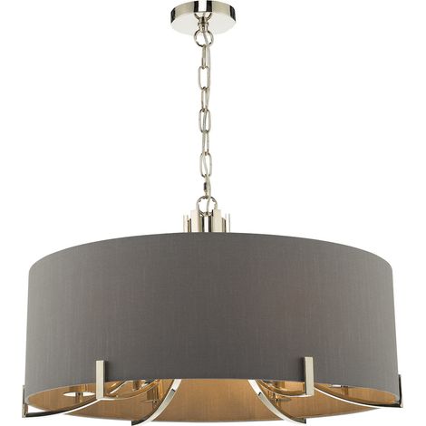 DAR VEYRON - Suspension cylindrique nickel poli avec abat-jour gris, 6x E14 (1/5)