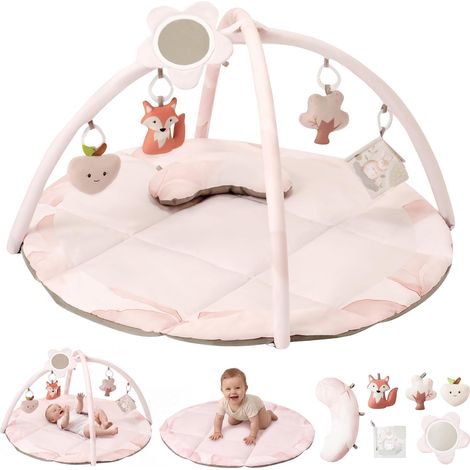 Tapis d'éveil Bébé, Thème Naturel, Arche Amovible, Tapis de Jeux avec 5 Jouets d'activité et Un Coussin, Cadeau pour Nouveau né, Enfant, Fille, Dès la Naissance, 0-3-6-12 Mois (Rose (1/5)