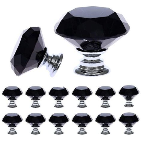 12 Stück Schwarze Kristallglas Möbelknöpfe (30 mm), Möbelknopf mit Größe, Türknopf, Schubladengriff, Türgriff für Küche, Büro, Schlafzimmer, Schrank