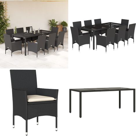 9-tlg. Garten-Essgruppe mit Kissen Schwarz Poly Rattan und Glas - Gartentisch - Gartenmöbelset - Esstisch - Gartenlounge - Outdoor Möbel - Home & Living (1/5)