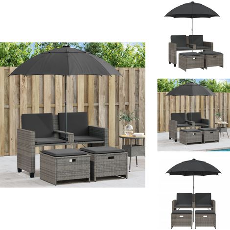 Canapé de jardin 2 places avec parasol et tabourets gris rotin - Canapé De Jardin - Canapés De Jardin - Canapé D’extérieur - Siège De Jardin (1/5)