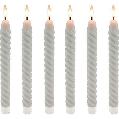 Velas LED Relaxdays, set de 6, HxD: 25 x 2 cm, llama parpadeante, cera real, diseño retorcido, sin llama, gris claro