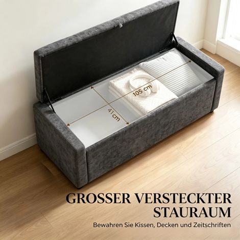 Banc de rangement en lin avec grand siège, repose-pieds et dessus de lit, assise spacieuse, coffre de rangement, meuble polyvalent pour chambre et salon. (1/5)