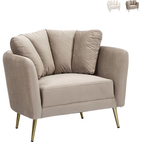 Poltrona Kiev Stile Glam Grigia in Tessuto con Struttura in Legno di Eucalipto e Gambe in Metallo Dorato - 88x77x74 cm (1/5)