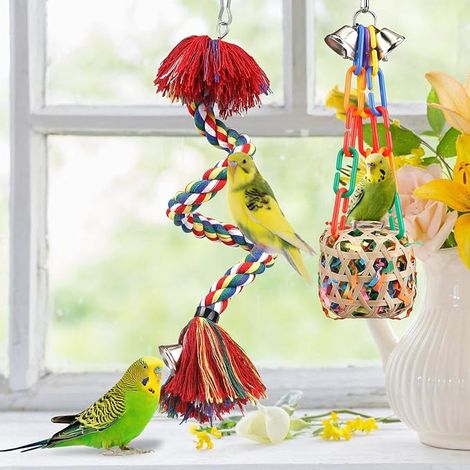 Bird Toy, Rope with Bell Chew Lining for Budgies, Swing, Climbing, Footrest, Cage Accessories (1/4)