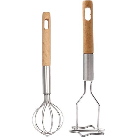 Presse-purée en acier inoxydable avec manche en bois - Mixeur multifonction - Purée de pommes de terre, jus d'œufs (1/5)