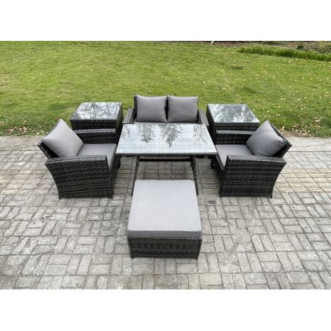 Fimous 5 Seater Outdoor Garden Furniture High Back Rattan Sofa Dining Table Set with 2 SideTables Big Footstool Dark Grey Mixed (1/5)